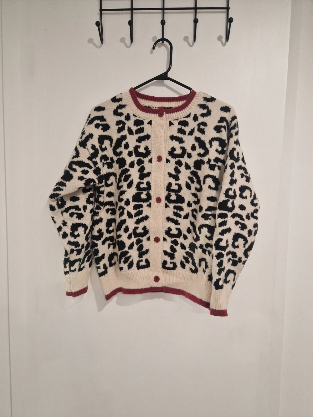 SHEIN Cream & Black Leopard Cardigan with Red Trim